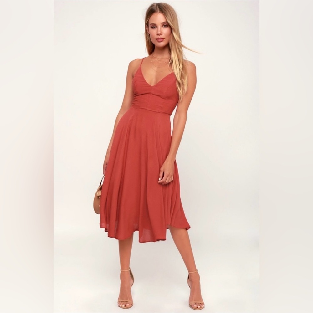 Lulu's Vibrant Rust Orange Midi Dress